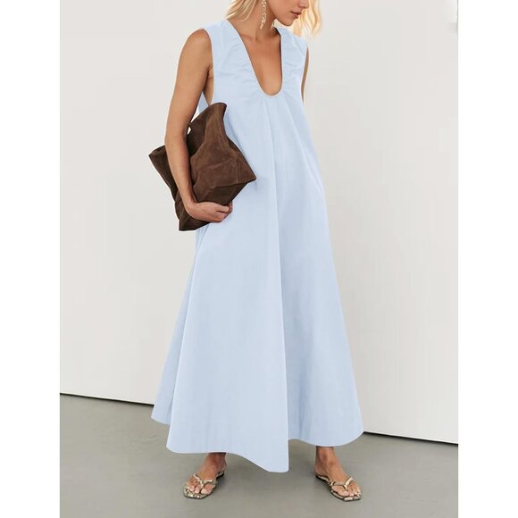 Women Cotton Maxi Dress Sleeveless Ruched Pockets Casual Vacation Summer - Picture 3 of 4